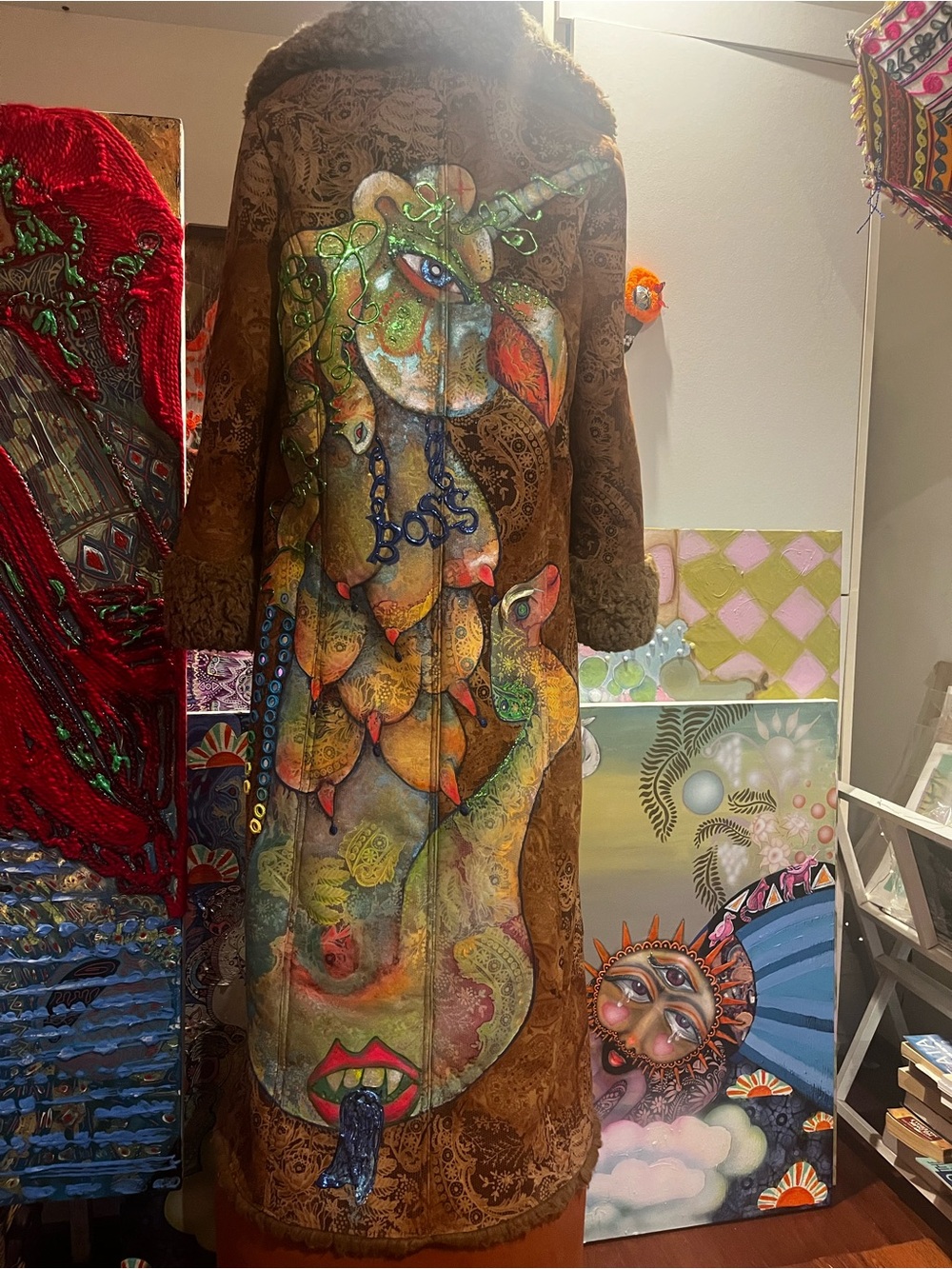 Newport News Brown Suede Painted Long Coat with Multicolor Abstract Art